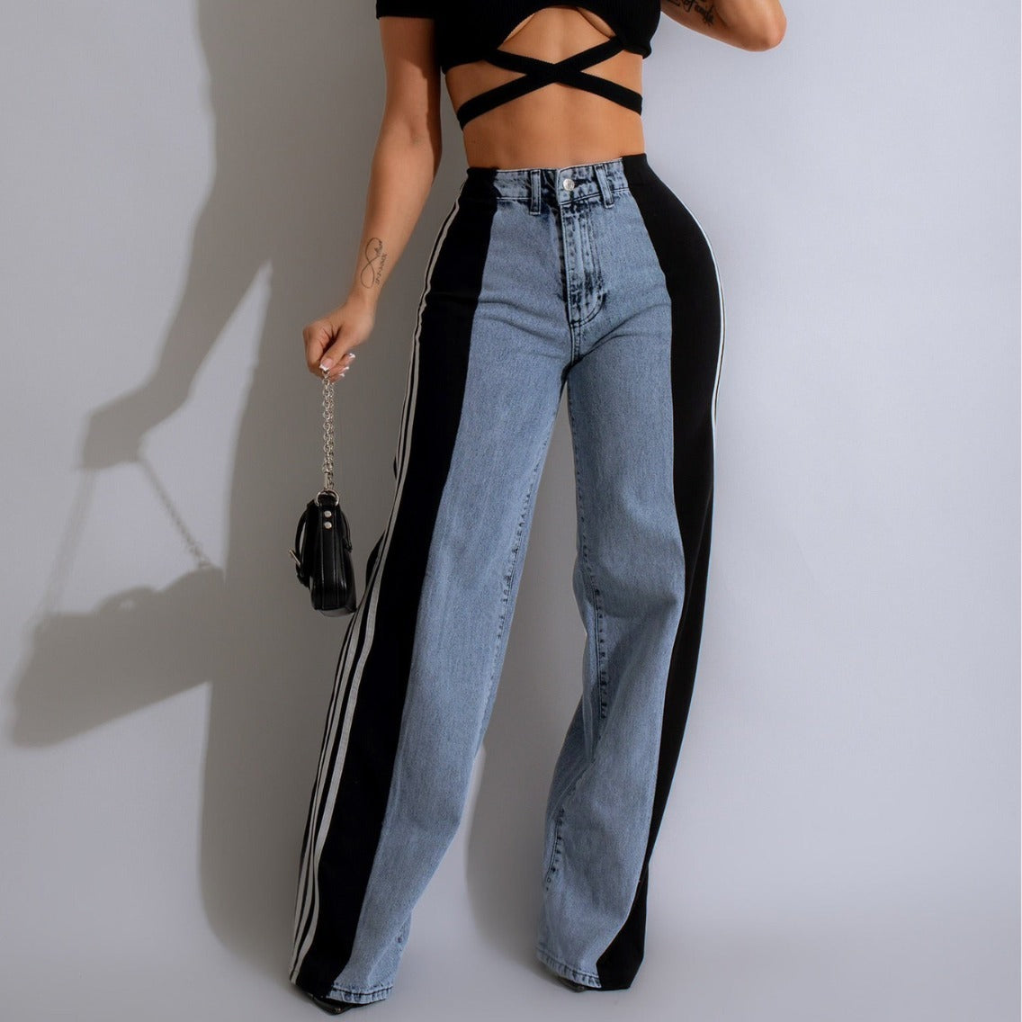 2025 Fashion Casual High Waist Elastic Straight Leg Denim Trousers – Three Stripe Patchwork Wide Leg Pants hanyelevate