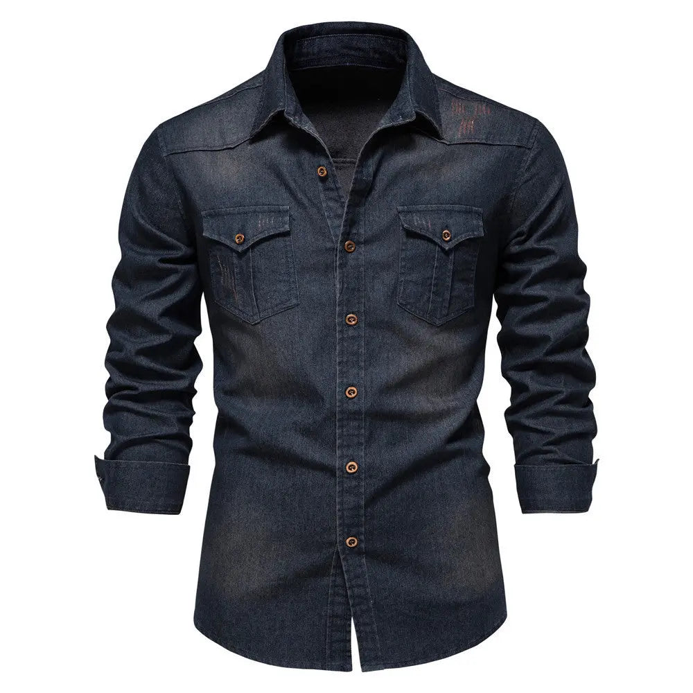 Men’s Long-Sleeve Slim Fit Denim Shirt – Casual Button-Up Top hanyelevate
