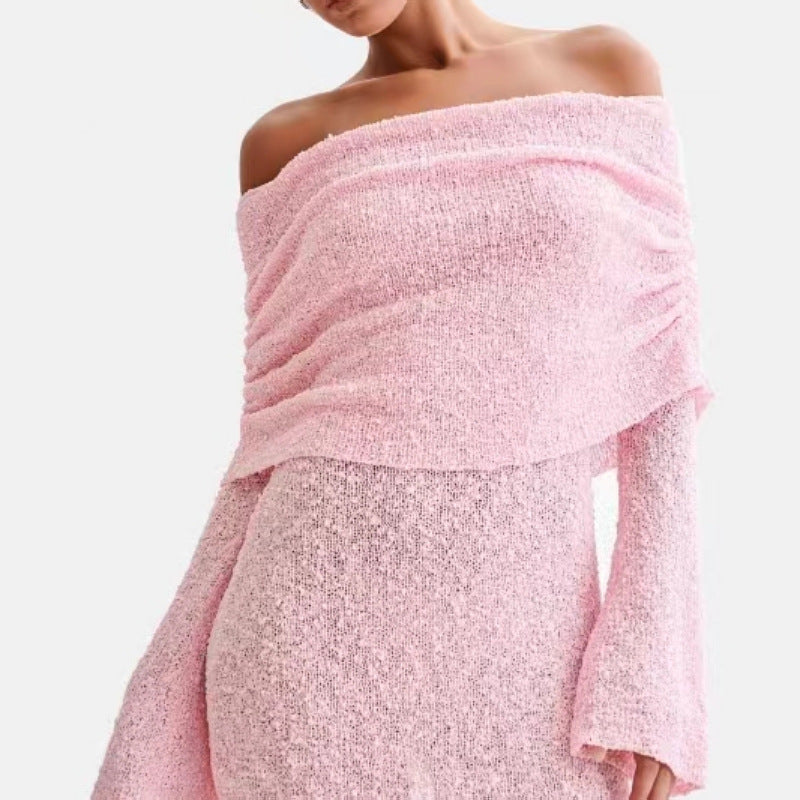 Women’s Spring Summer Knitted Mini Dress – Off Shoulder Long Sleeve Bodycon Party Dress hanyelevate