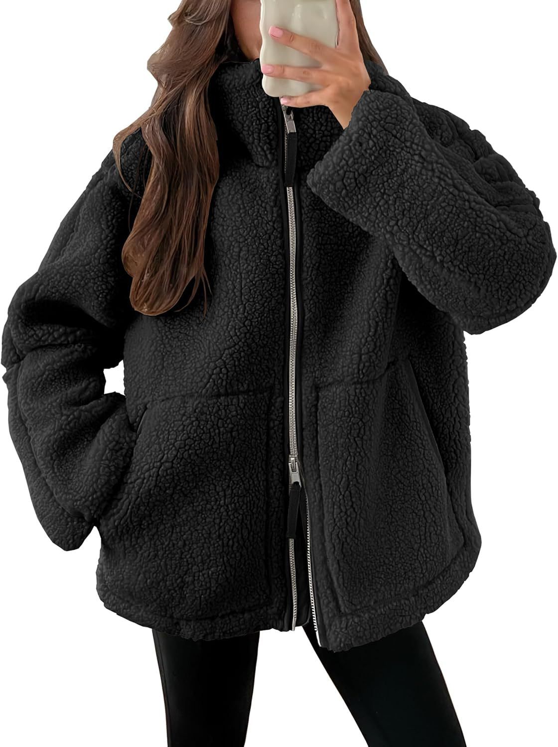 Women’s Cozy Winter Zip-Up Coat – Lapel Collar Fleece Jacket with Pockets hanyelevate