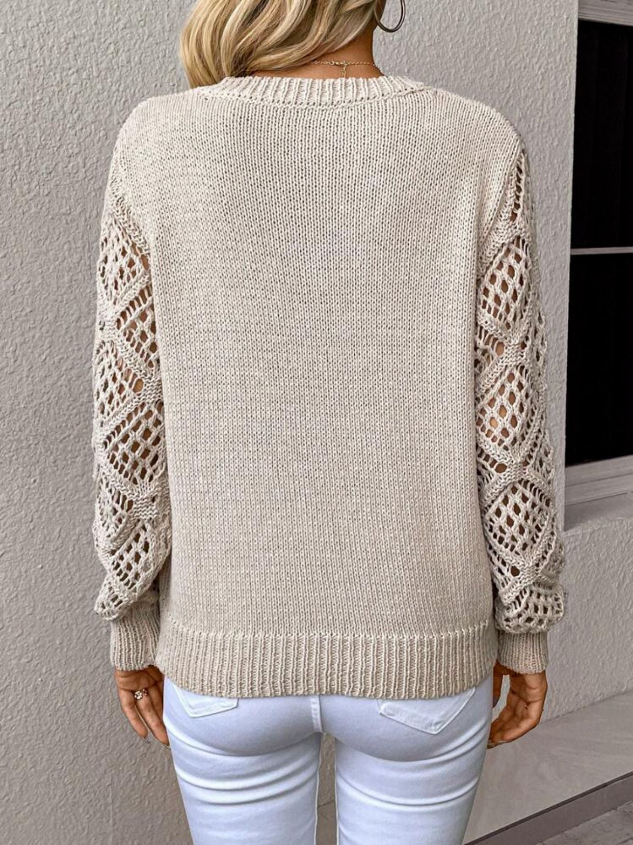 Solid V-Neck Hollow Sleeve Pullover Sweater – Women’s Fashion Long Sleeve Top hanyelevate