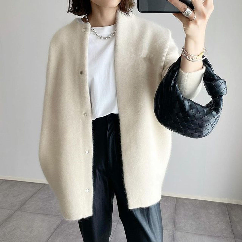 Autumn & Winter Women’s Solid Color Cardigan – Loose Round Neck Single Breasted Coat hanyelevate
