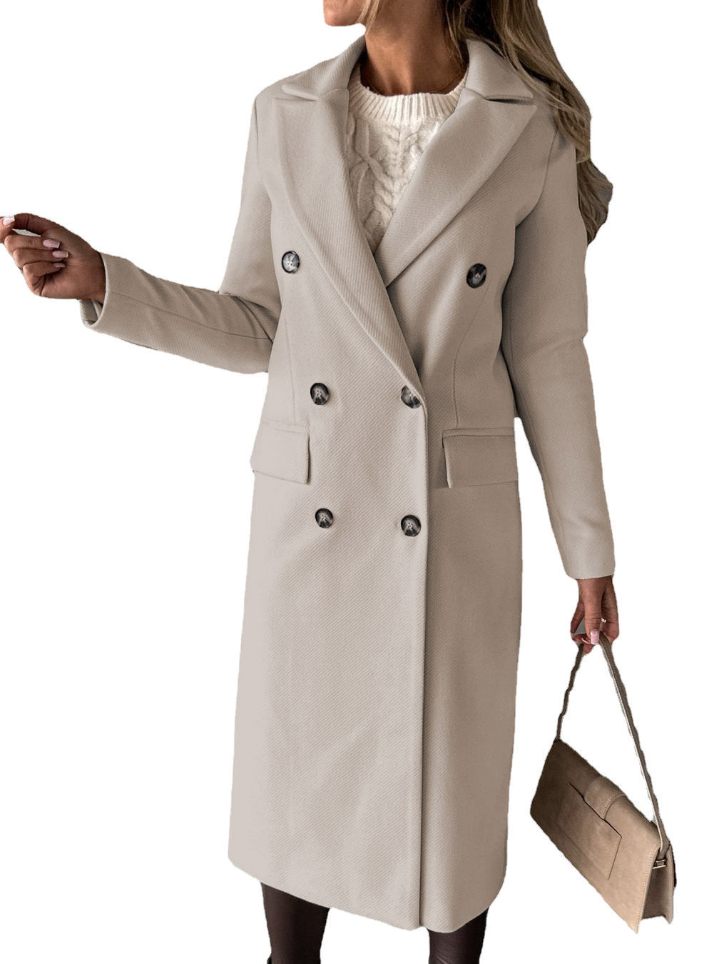 Women’s Double-Breasted Long Coat – Slim Fit Lapel Winter Jacket with Long Sleeves hanyelevate