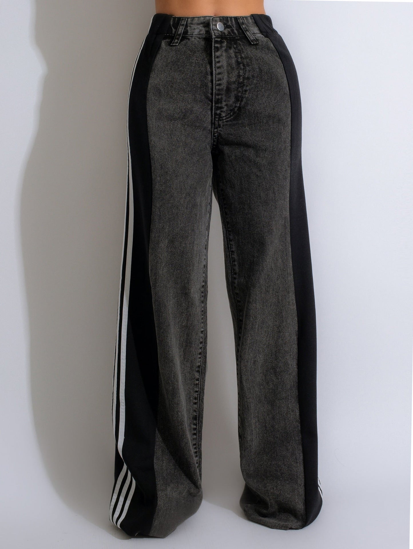 2025 Fashion Casual High Waist Elastic Straight Leg Denim Trousers – Three Stripe Patchwork Wide Leg Pants hanyelevate