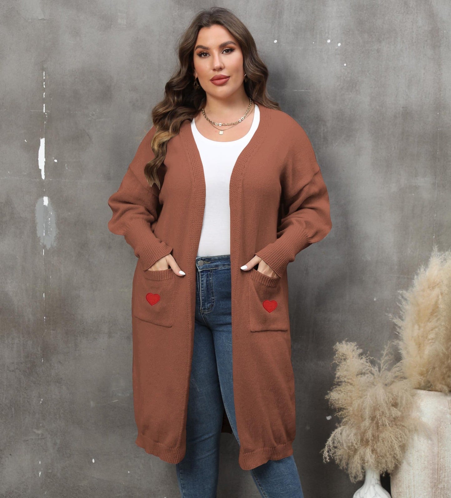 Plus Size Mid-Length Knit Cardigan for Women – Love Pattern, Lantern Sleeves, and Pockets hanyelevate