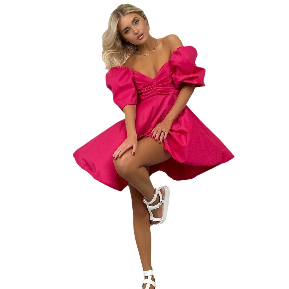 Women’s Puff Sleeve Cotton Dress – High Waist Short Sleeve Summer Outfit | S–L | White, Black, Rose Red, Green, Light Blue