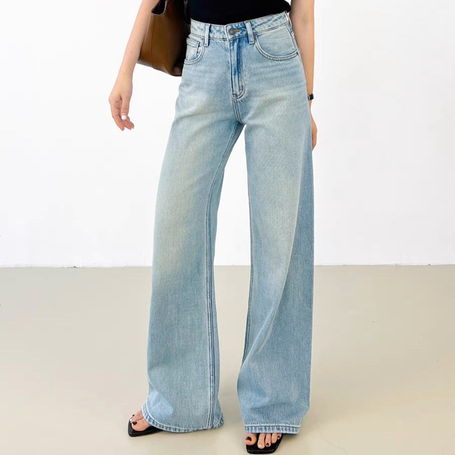 Women’s High Waist Wide Leg Cotton Jeans – Retro Straight-Leg Trousers | Washed Denim Style | XS–XL
