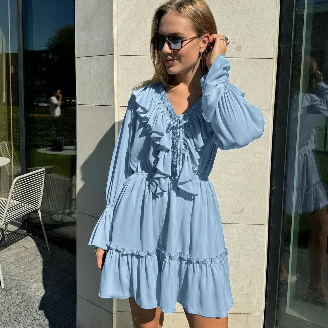 Women’s Short Dress with V Neck and Flared Sleeves – Pleated Ruffle Detail hanyelevate