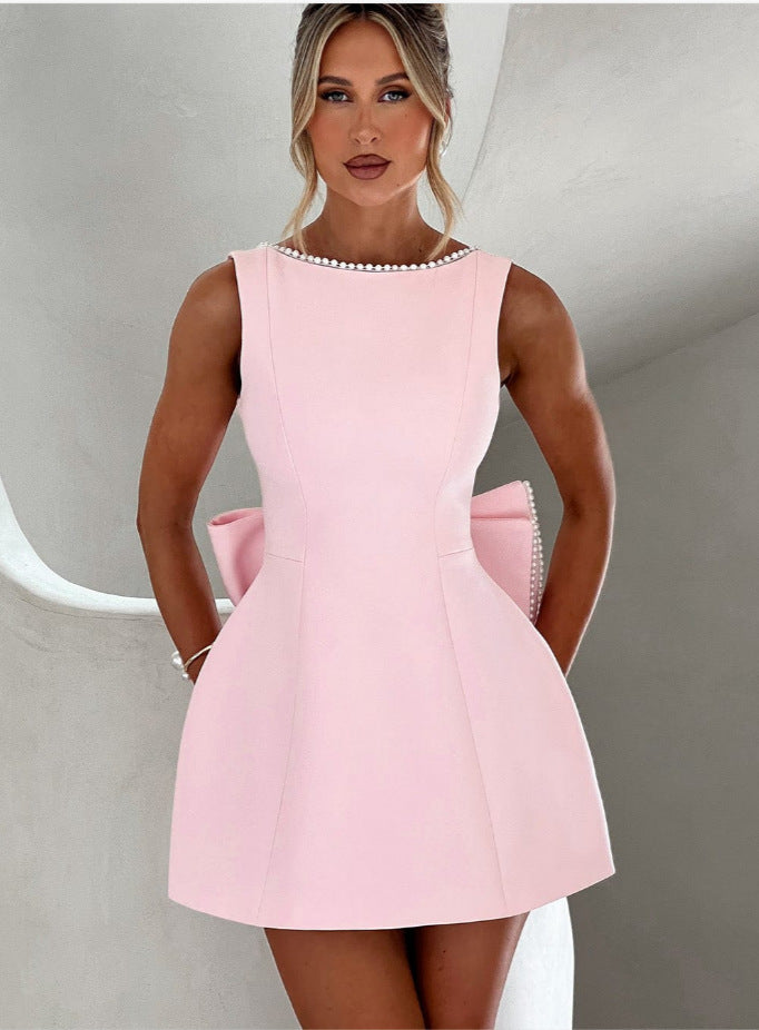 Elegant Backless A-Line Dress for Women – Sleeveless Slim Fit with Pearl & Bow Detail hanyelevate