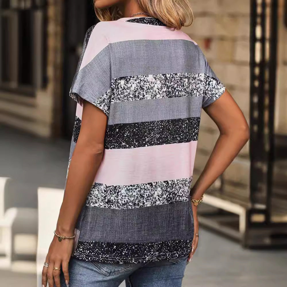 Women’s Summer V-Neck Striped Short Sleeve Top – Casual, Lightweight, and Trendy for Warm Weather hanyelevate