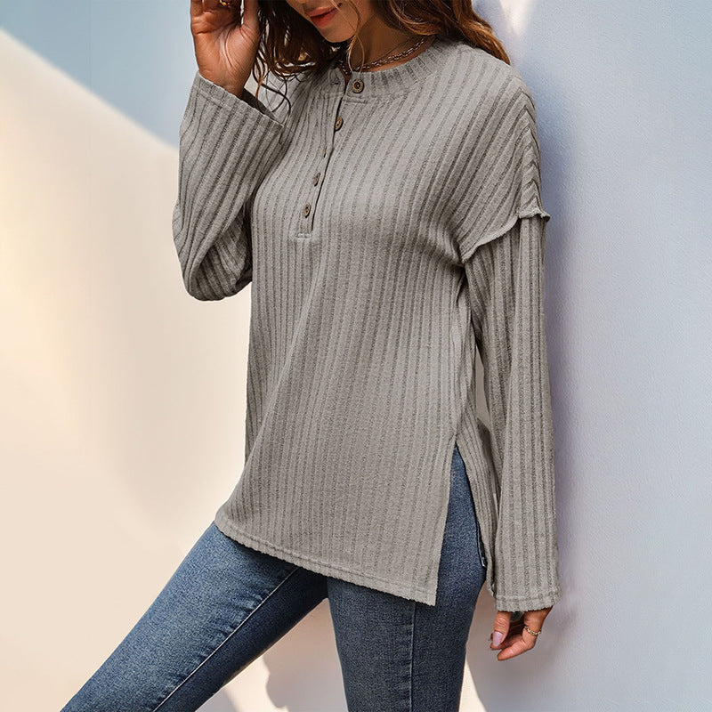 Women’s Japanese Korean Casual Pullover – Khaki Hollow Stripe Top with Button Detail | S–XL