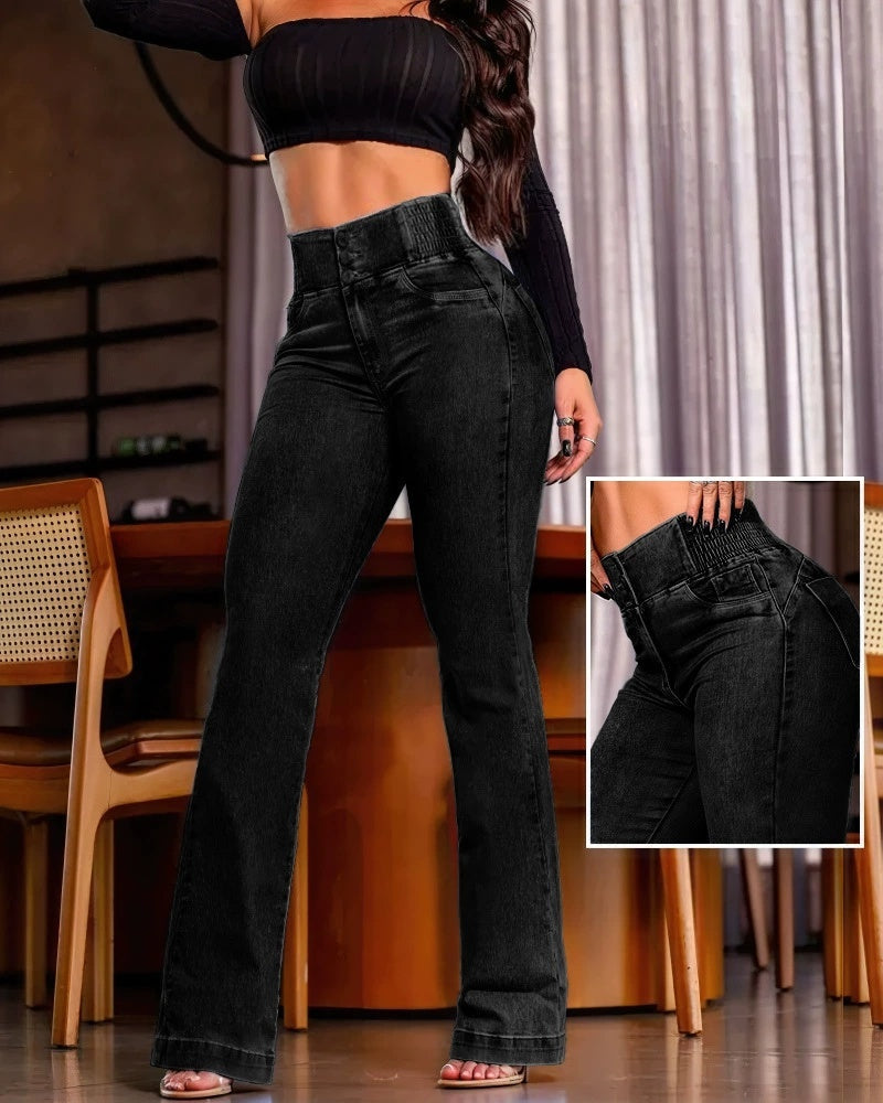 Women’s High Waist Jeans – Sexy Elegant Back Shirred Trousers with Front Button Design hanyelevate
