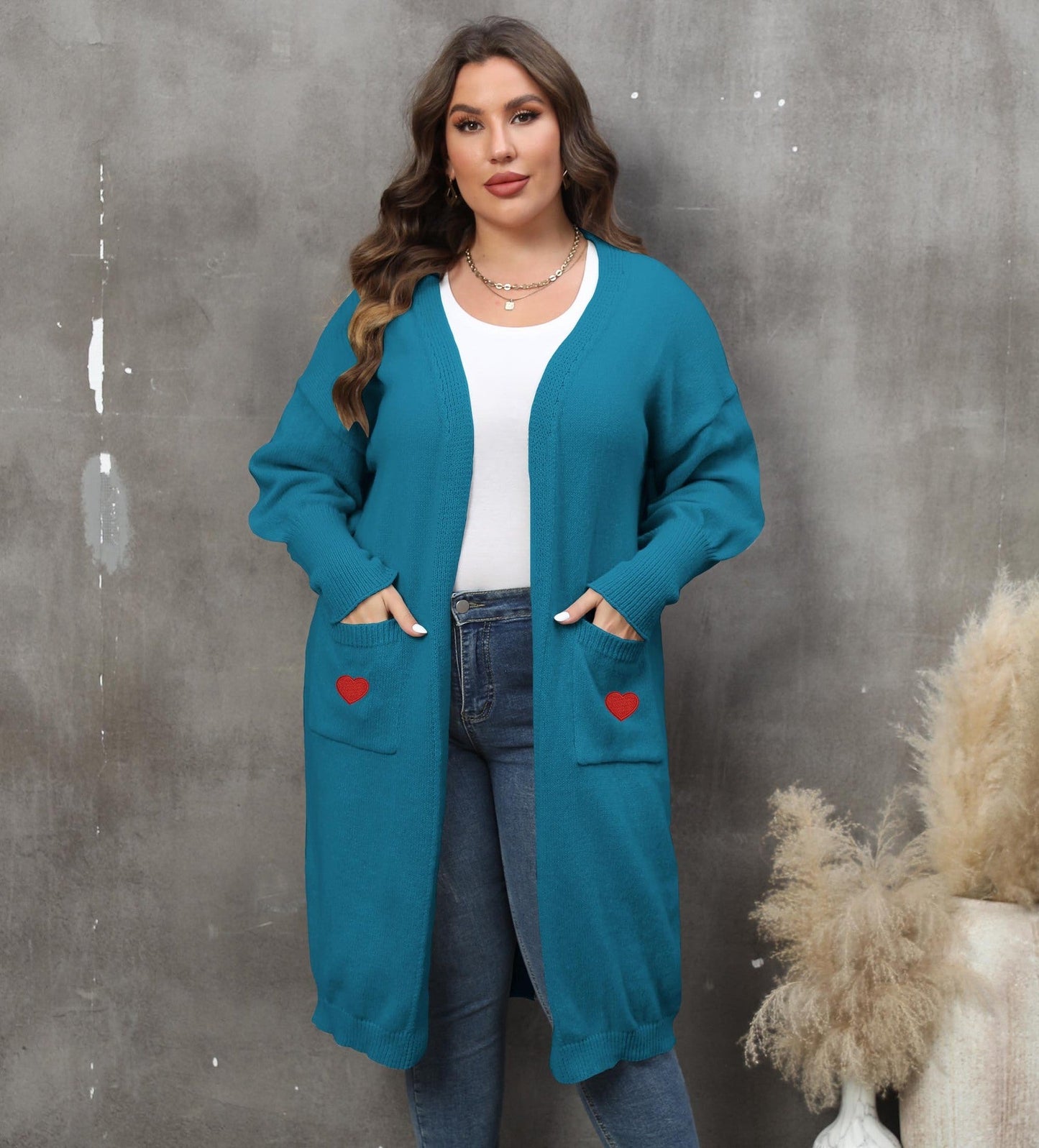 Plus Size Mid-Length Knit Cardigan for Women – Love Pattern, Lantern Sleeves, and Pockets hanyelevate