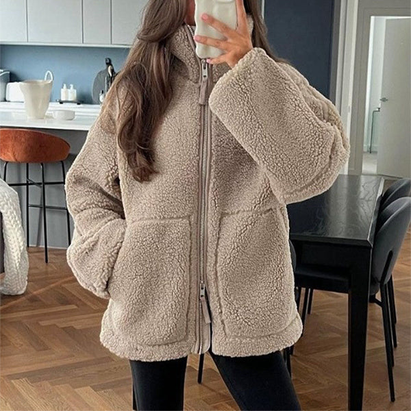 Women’s Cozy Winter Zip-Up Coat – Lapel Collar Fleece Jacket with Pockets hanyelevate