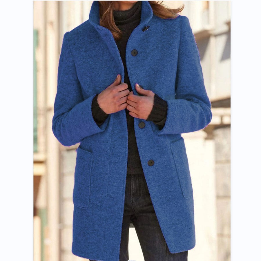 Women’s Stand Collar Woolen Coat – Casual Fall Winter Button Outwear with Pockets hanyelevate