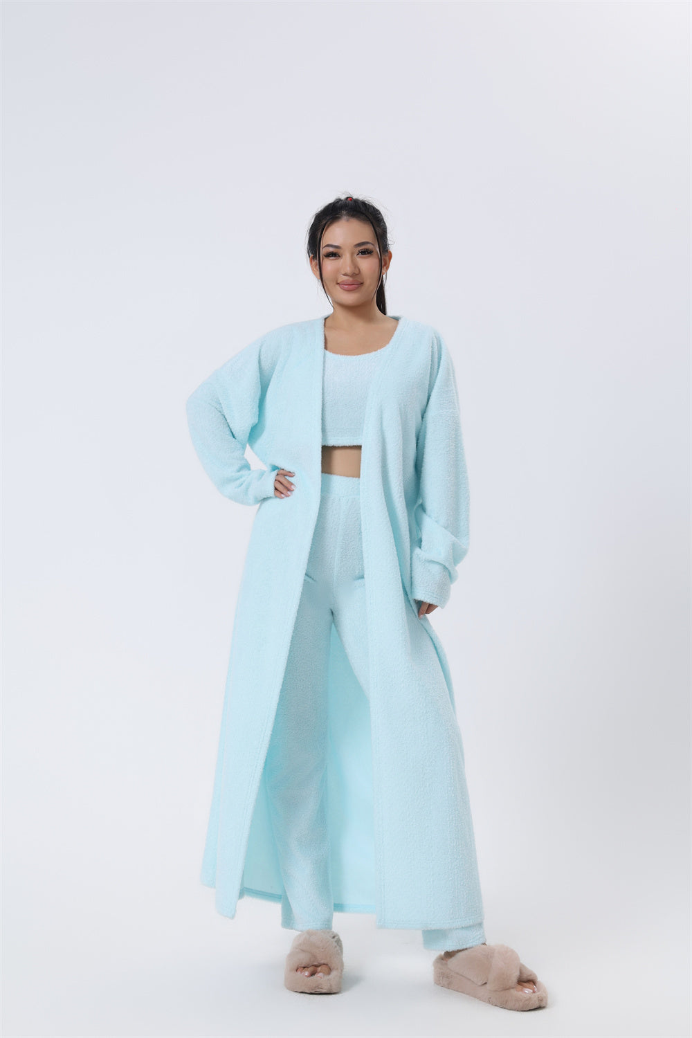 Cozy 3-Piece Pajama Set for Women – Warm Winter Lounge Set with Cardigan, Tank Top & Pants hanyelevate