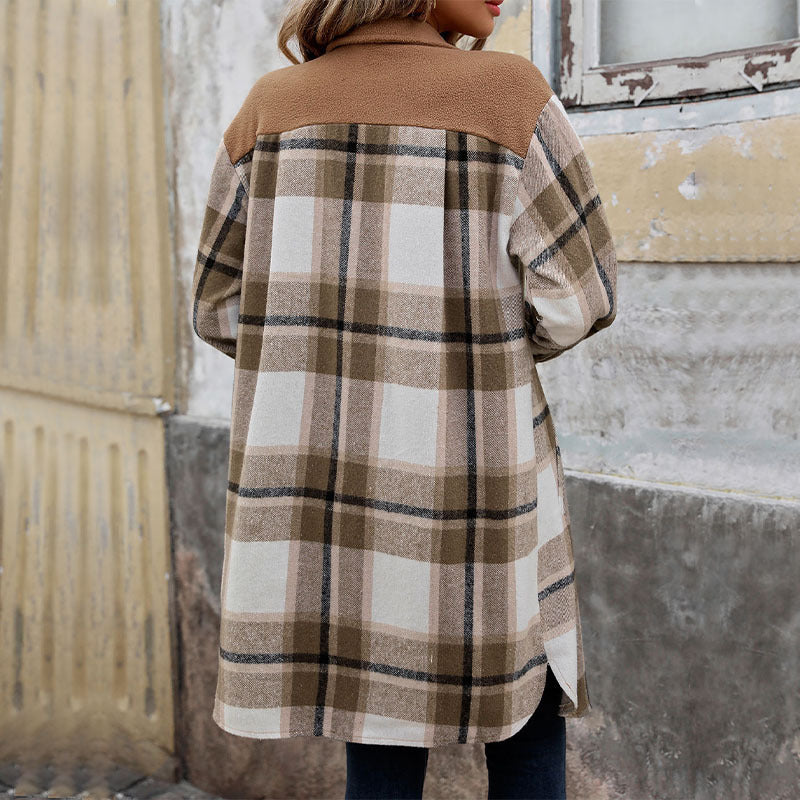 Cozy Women’s Plaid Long Jacket – Brushed Fabric Winter Coat with Pockets hanyelevate