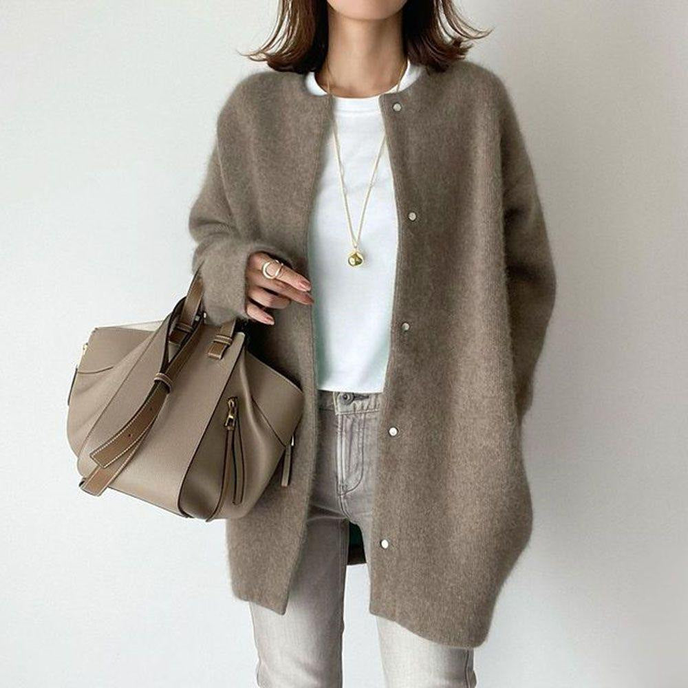 Autumn & Winter Women’s Solid Color Cardigan – Loose Round Neck Single Breasted Coat hanyelevate