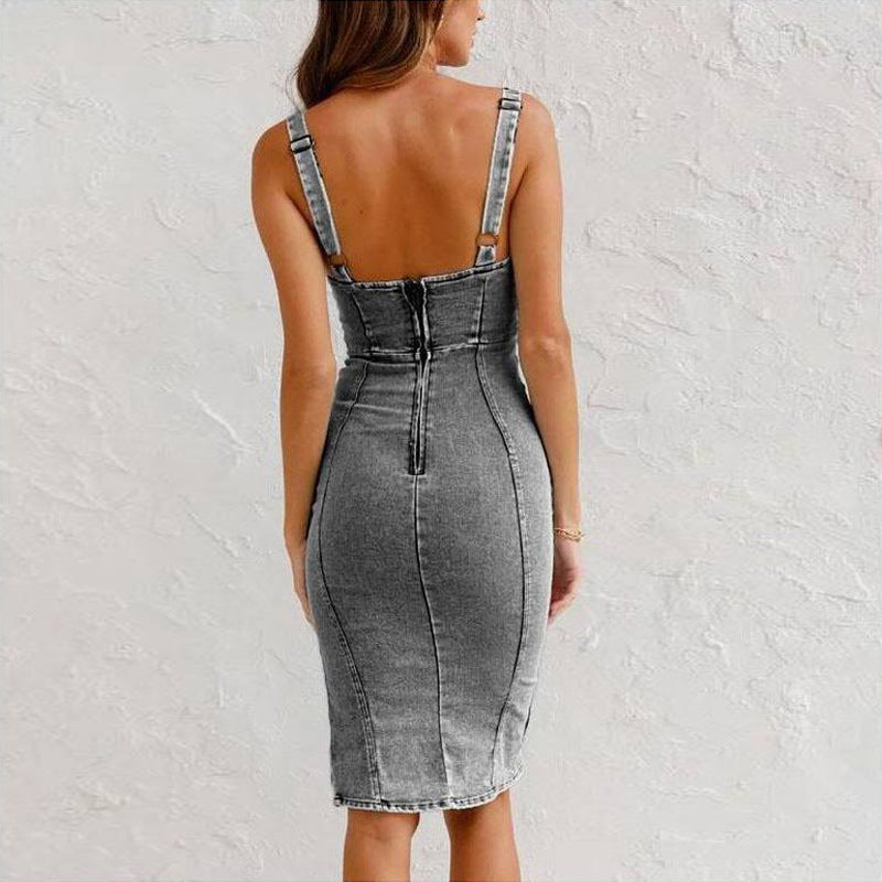Women’s Summer Slim Fit Denim Dress – U-neck Suspender Dress with Slit Detail hanyelevate