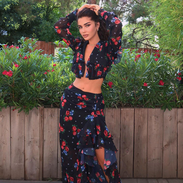 Women’s Sexy Floral Print Long Dress – Ruffle Hem, Long Sleeve Maxi Dress | S–L | Polyester