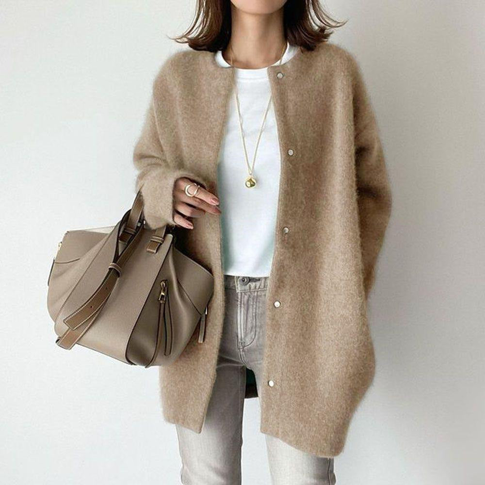 Autumn & Winter Women’s Solid Color Cardigan – Loose Round Neck Single Breasted Coat hanyelevate
