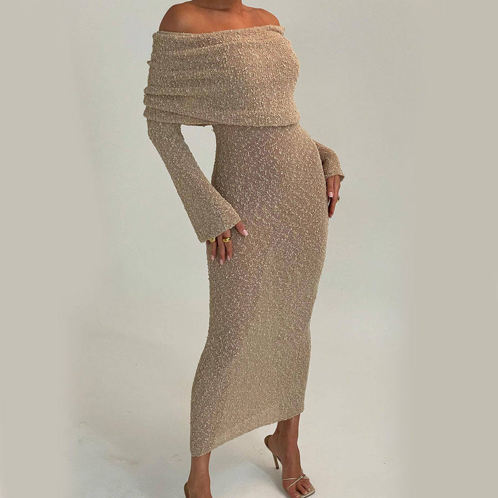 New Long-Sleeved One-Shoulder Knitted Dress – Perfect for Beach and Vacation hanyelevate