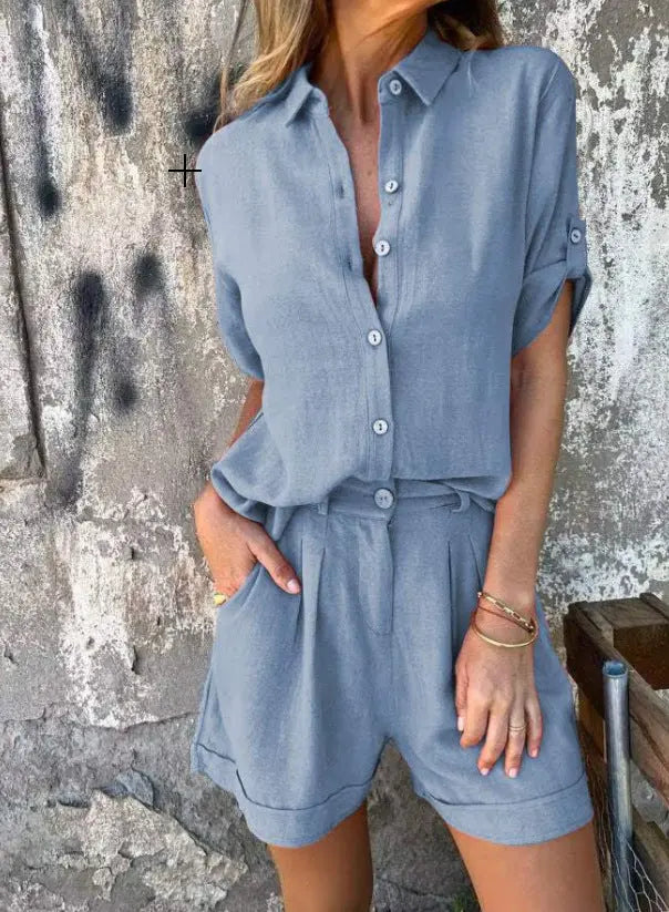 Trendy Women’s Short Sleeve Suit Set – Lapel Shirt and Shorts with Pockets hanyelevate