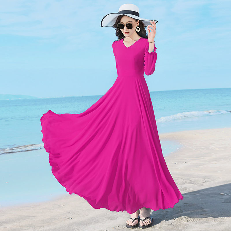 Women’s Chiffon/Polyester Large Swing Dress – Long Sleeve, Solid Color, Urban Temperament Commute Style