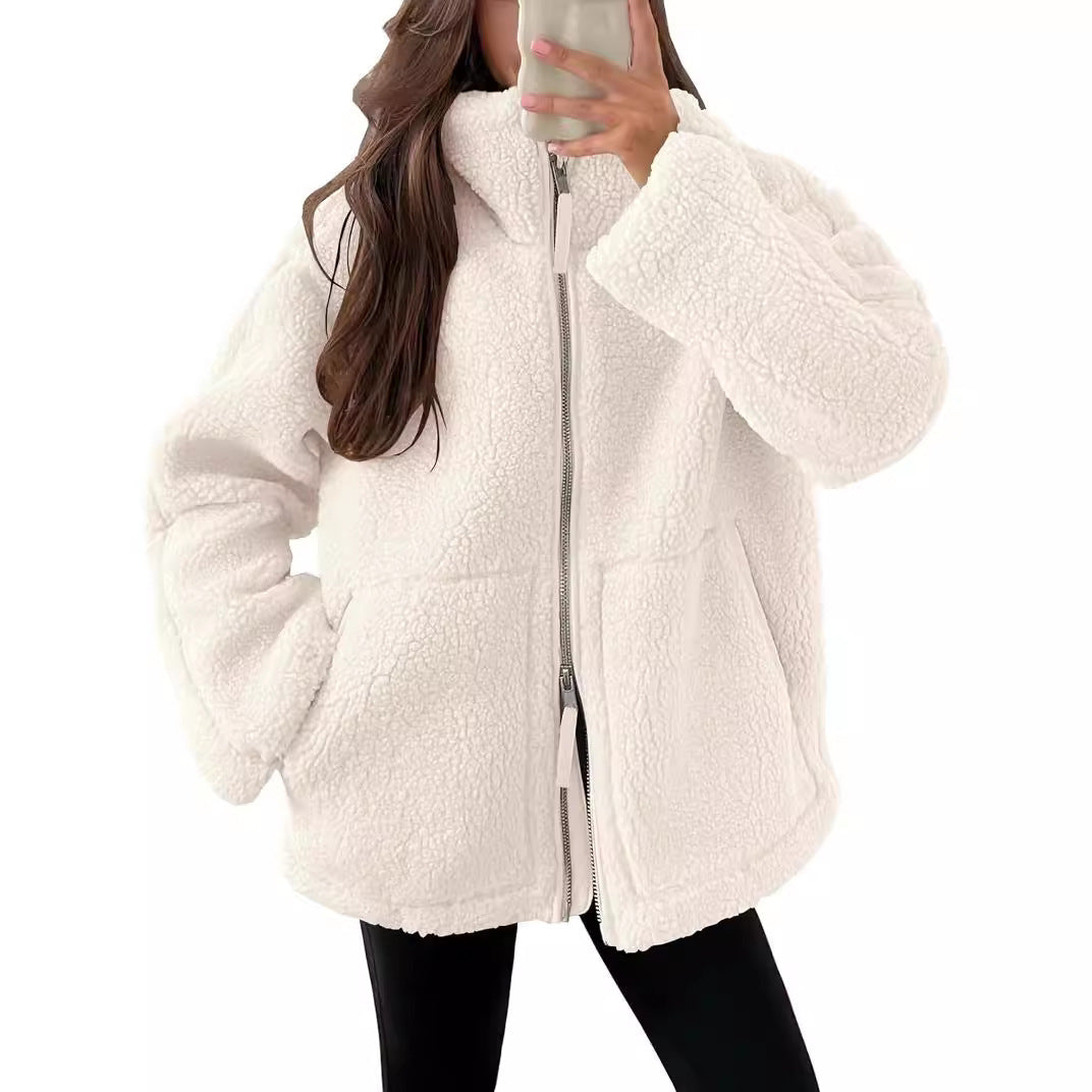 Women’s Cozy Winter Zip-Up Coat – Lapel Collar Fleece Jacket with Pockets hanyelevate