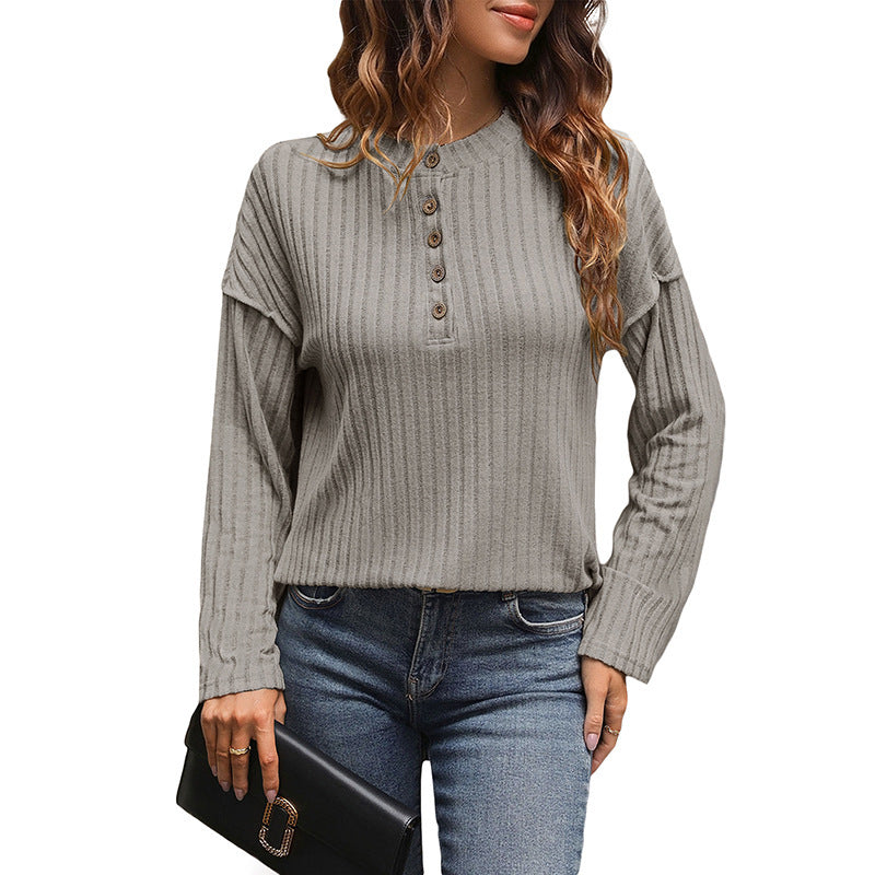Women’s Japanese Korean Casual Pullover – Khaki Hollow Stripe Top with Button Detail | S–XL
