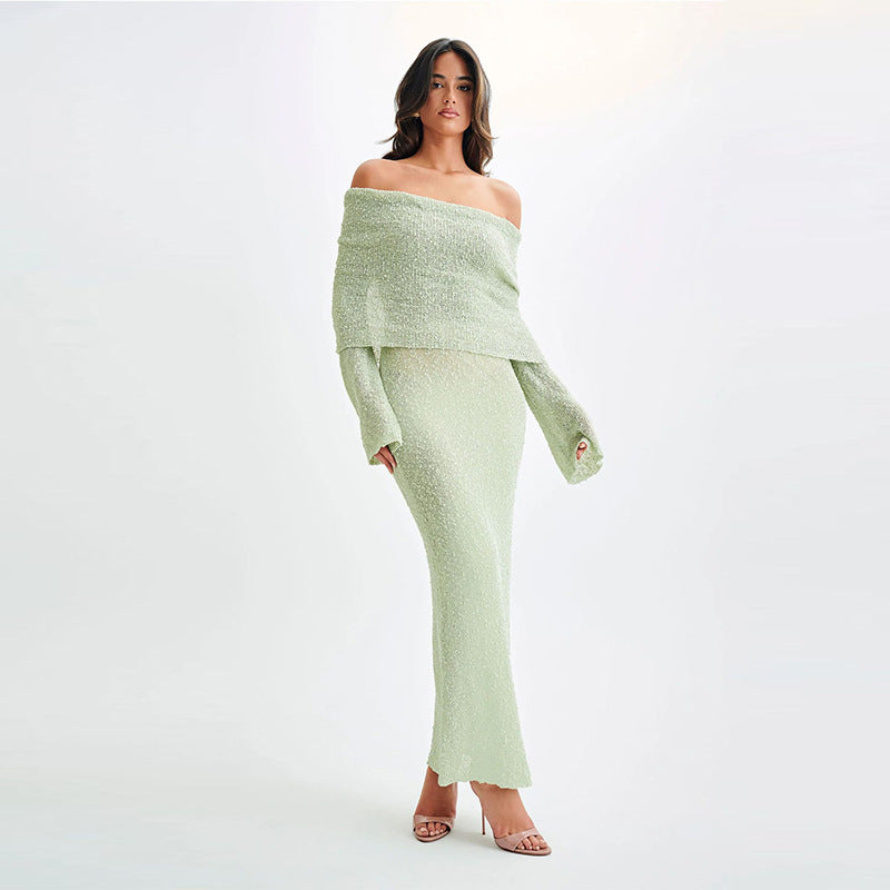 New Long-Sleeved One-Shoulder Knitted Dress – Perfect for Beach and Vacation hanyelevate