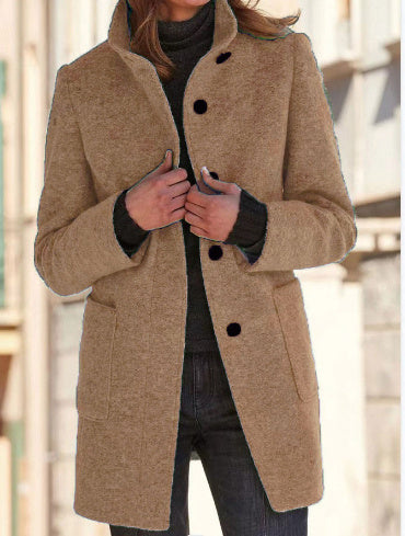 Women’s Stand Collar Woolen Coat – Casual Fall Winter Button Outwear with Pockets hanyelevate
