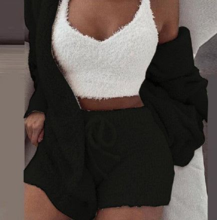 3pcs Womens Clothing Long Sleeve Crop Tank Top And Drawstring Shorts Pajama Set hanyelevate