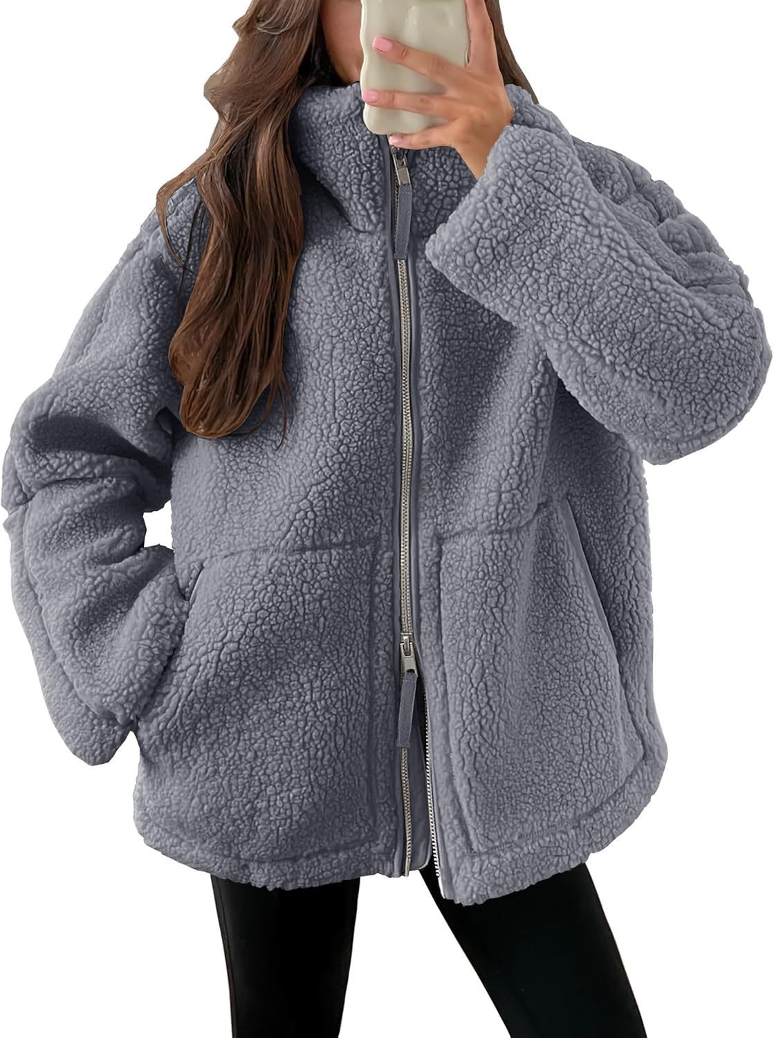 Women’s Cozy Winter Zip-Up Coat – Lapel Collar Fleece Jacket with Pockets hanyelevate