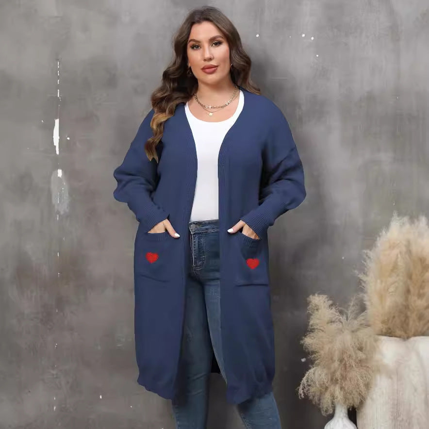 Plus Size Mid-Length Knit Cardigan for Women – Love Pattern, Lantern Sleeves, and Pockets hanyelevate