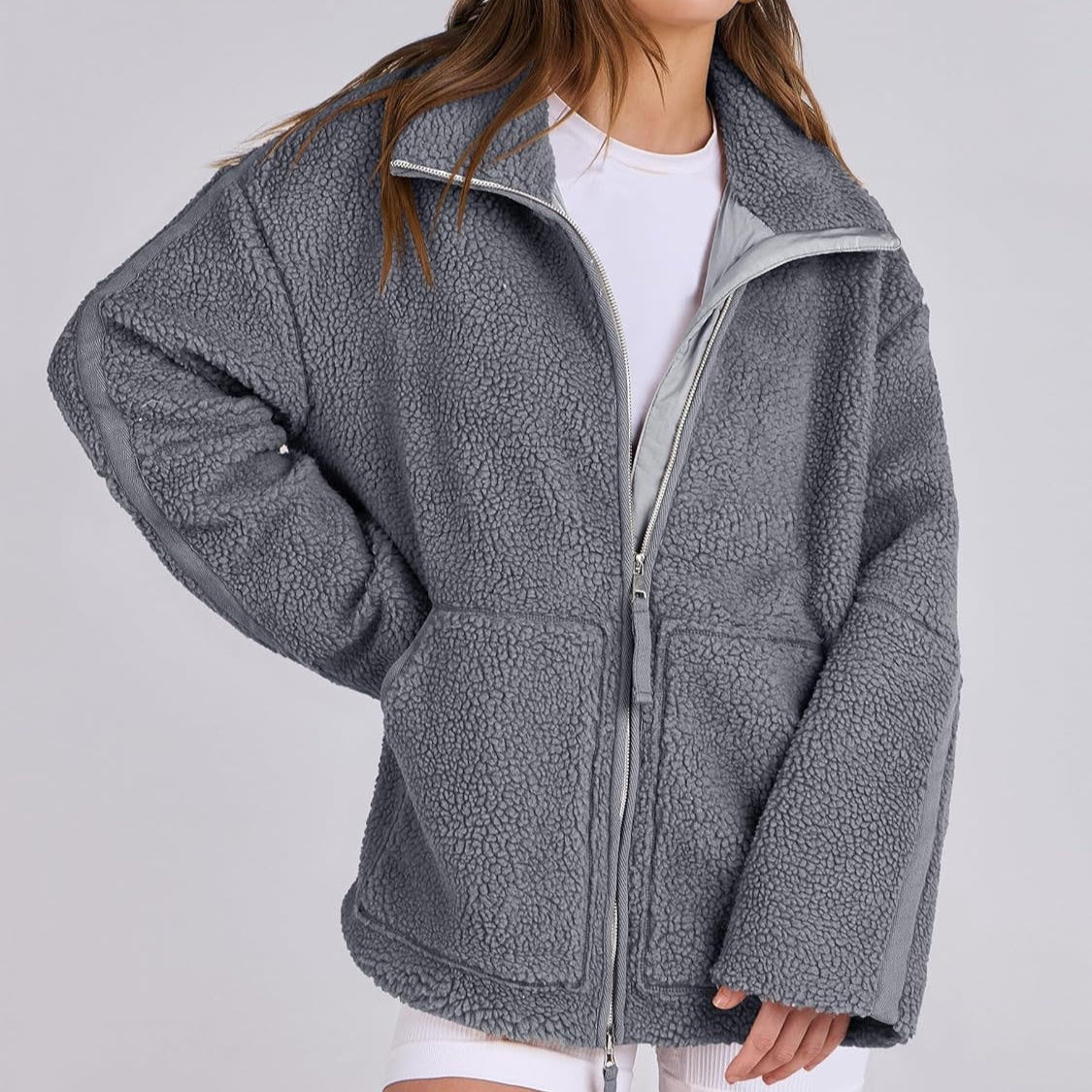Women’s Cozy Winter Zip-Up Coat – Lapel Collar Fleece Jacket with Pockets hanyelevate