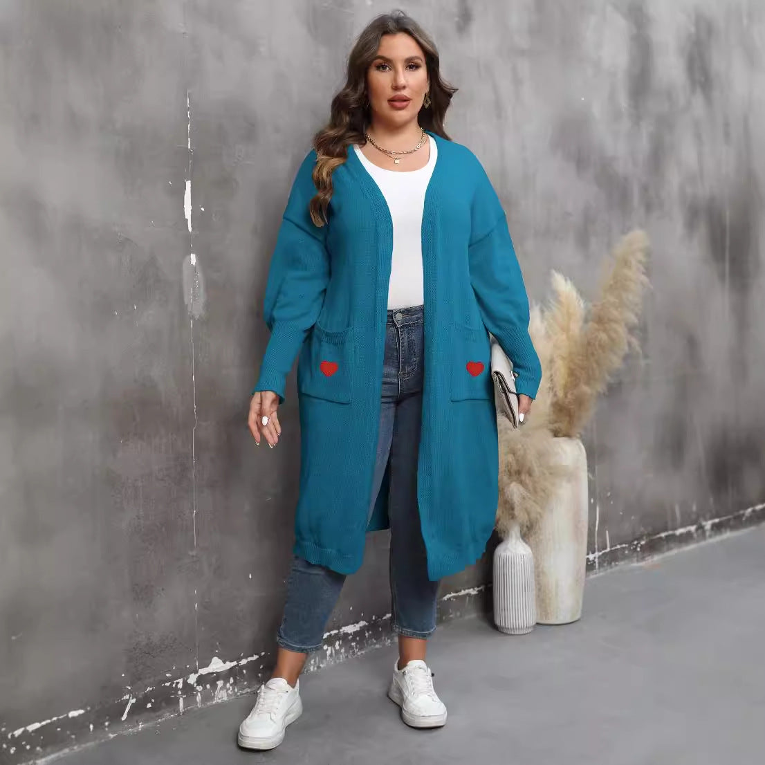 Plus Size Mid-Length Knit Cardigan for Women – Love Pattern, Lantern Sleeves, and Pockets hanyelevate