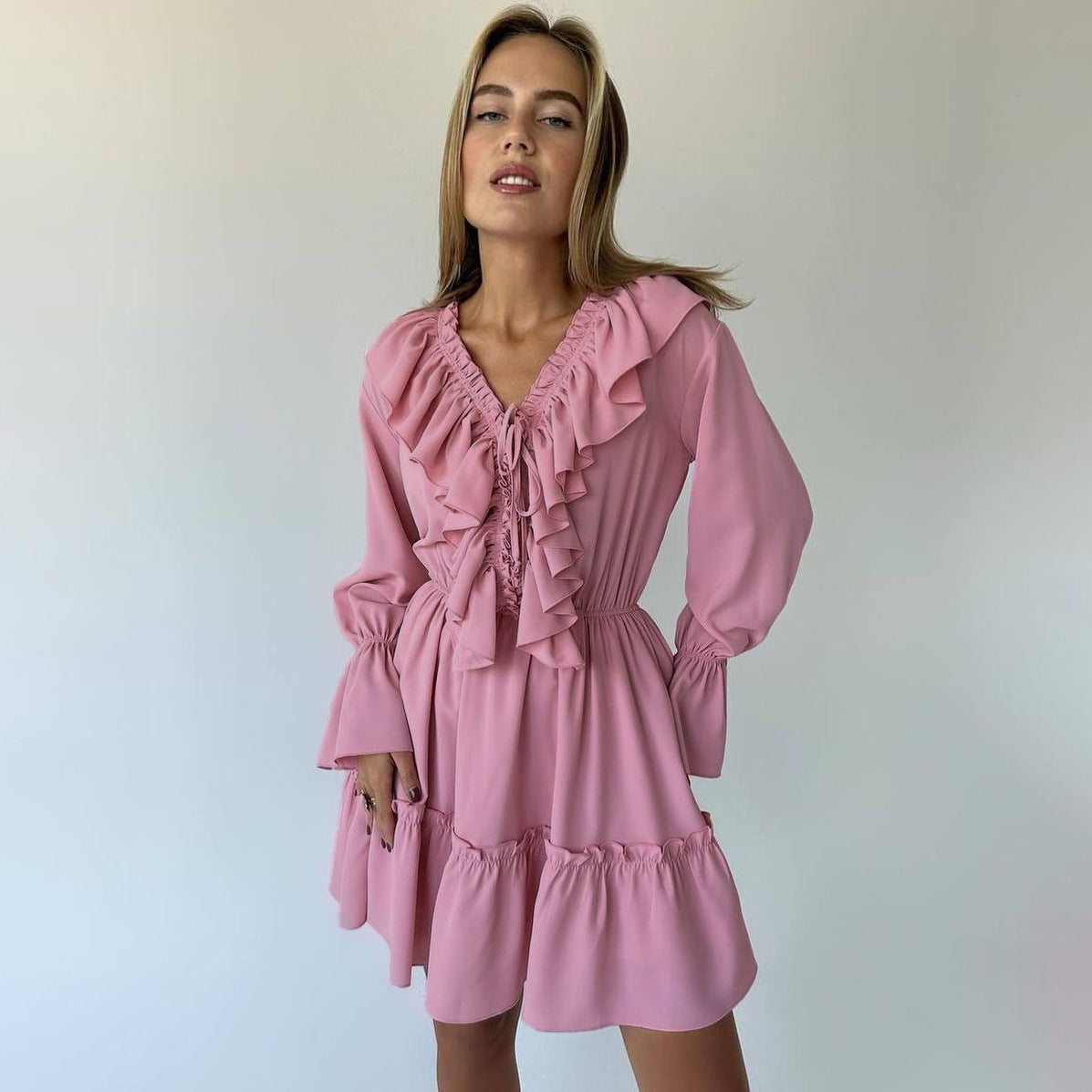 Women’s Short Dress with V Neck and Flared Sleeves – Pleated Ruffle Detail hanyelevate
