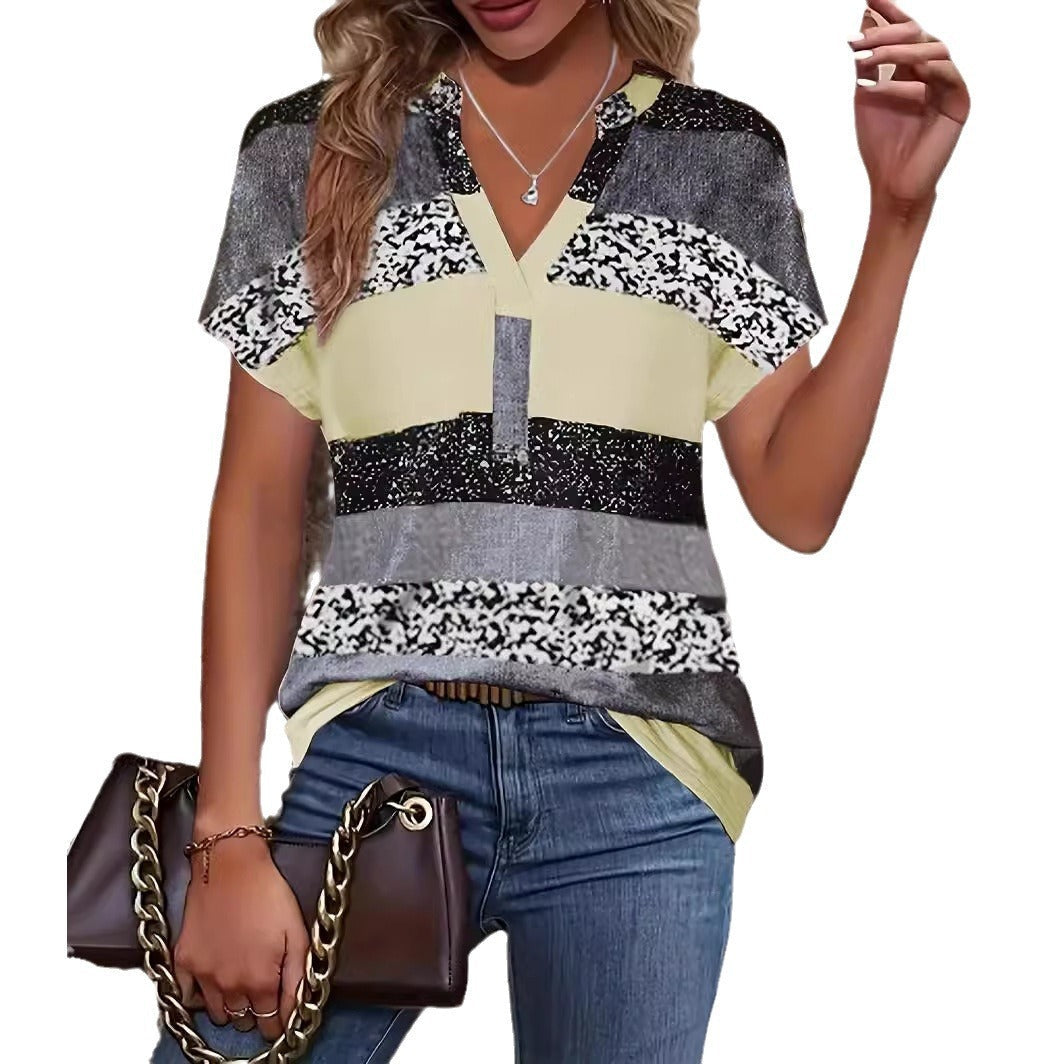Women’s Summer V-Neck Striped Short Sleeve Top – Casual, Lightweight, and Trendy for Warm Weather hanyelevate