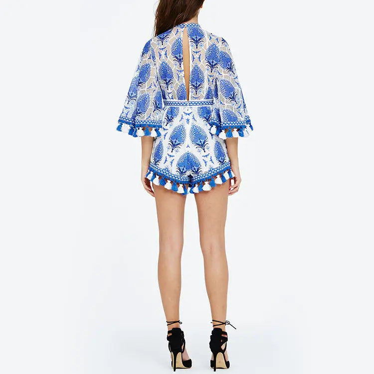 Lace embroidered trumpet sleeves fringed dress pants hanyelevate