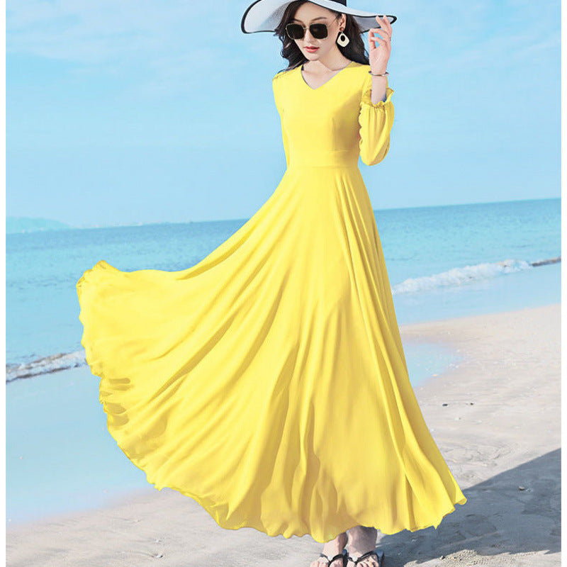Women’s Chiffon/Polyester Large Swing Dress – Long Sleeve, Solid Color, Urban Temperament Commute Style