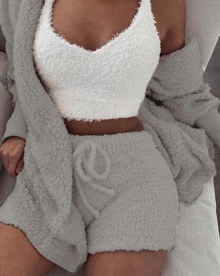 3pcs Womens Clothing Long Sleeve Crop Tank Top And Drawstring Shorts Pajama Set hanyelevate