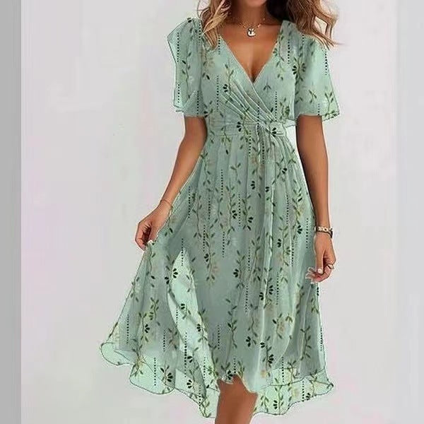 Women’s Summer Chiffon Dress – Elegant V-Neck Printed Short Sleeve Dress hanyelevate