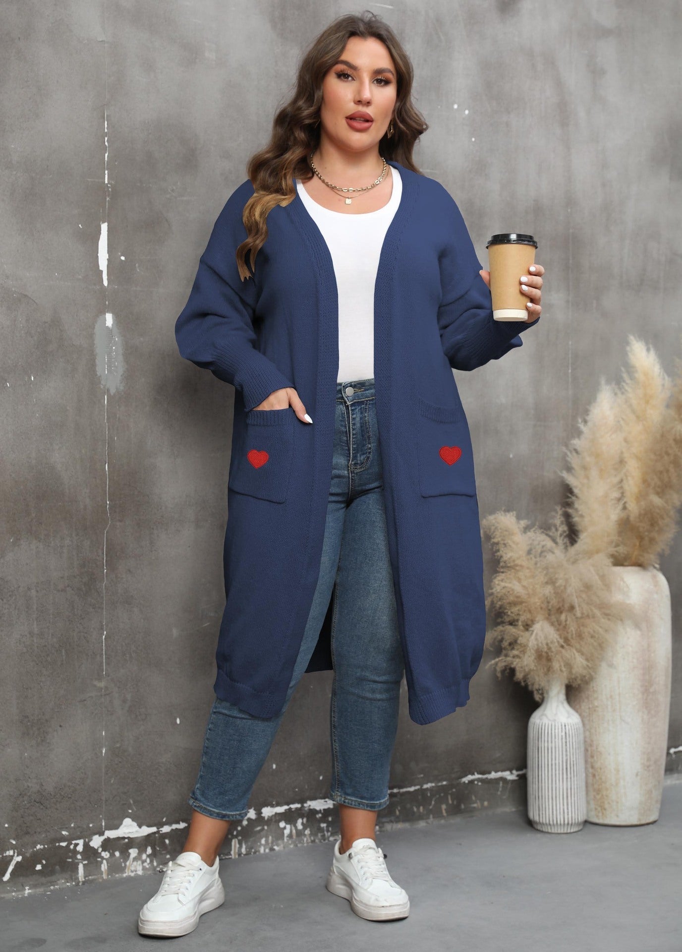 Plus Size Mid-Length Knit Cardigan for Women – Love Pattern, Lantern Sleeves, and Pockets hanyelevate