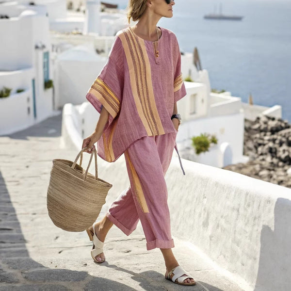 women’s striped co-ord set with batwing top and solid pants hanyelevate