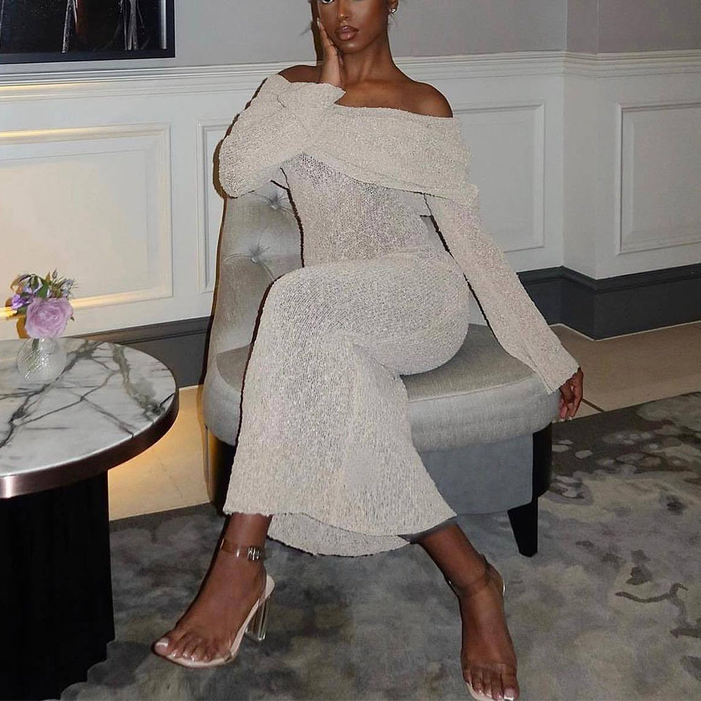New Long-Sleeved One-Shoulder Knitted Dress – Perfect for Beach and Vacation hanyelevate