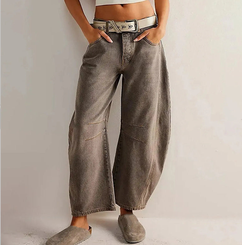 High Stretch Mid-Rise Barrel Jeans Fashion Wide Leg Shape Women Casual Baggy Mid Waist Denim Jeans hanyelevate