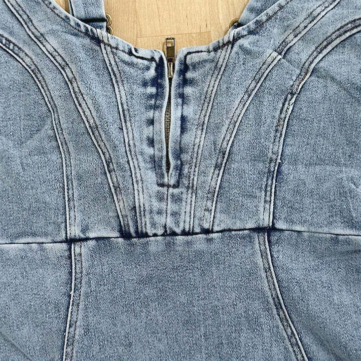 Women’s Summer Slim Fit Denim Dress – U-neck Suspender Dress with Slit Detail hanyelevate