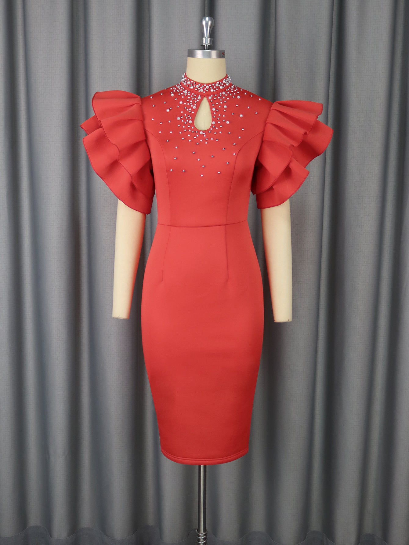 Women’s Red Hip Skirt Dress – Plain, High Waist, Slim Fit, S–4XL