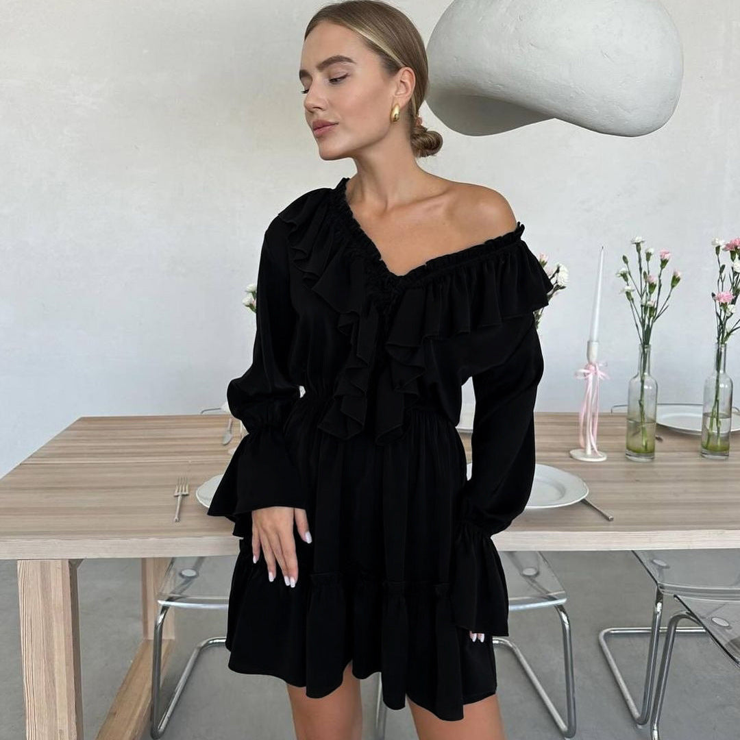 Women’s Short Dress with V Neck and Flared Sleeves – Pleated Ruffle Detail hanyelevate